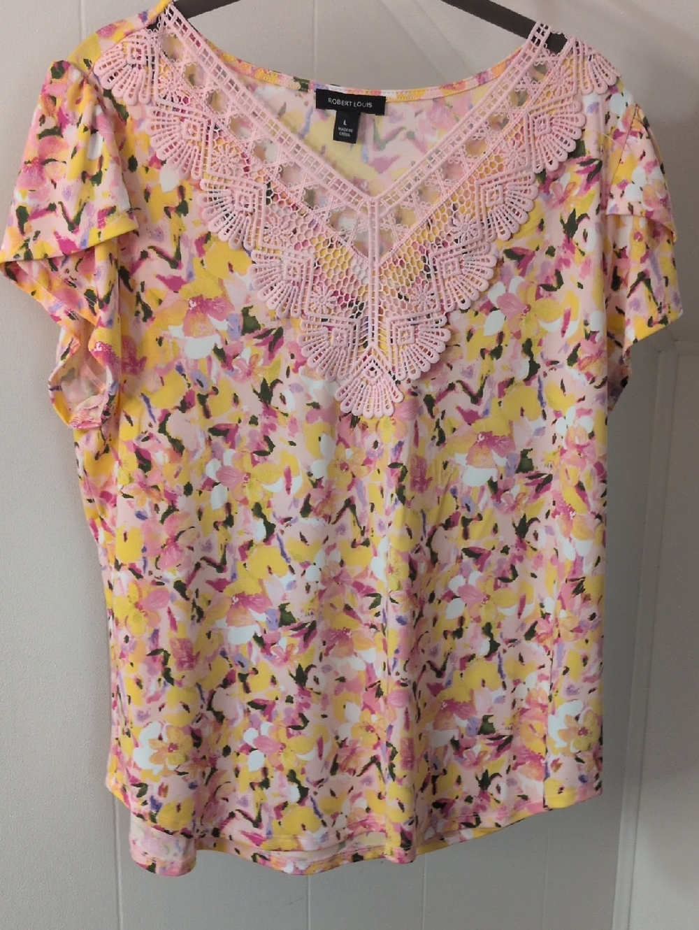 Robert Louis Yellow & Pink Floral Lace V-Neck Blouse